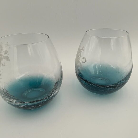 Set of 2 Sea Turtle Stemless Wine Glasses Crackle Glass EUC - Picture 4 of 7